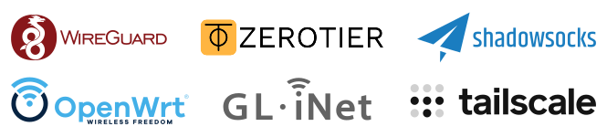 RemoteToHome.io technology logos: Wireguard, ZeroTier, Shadowsocks, Tailscale, OpenWRT, GL.iNet