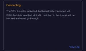 GL.iNet VPN client showing "connecting" status.