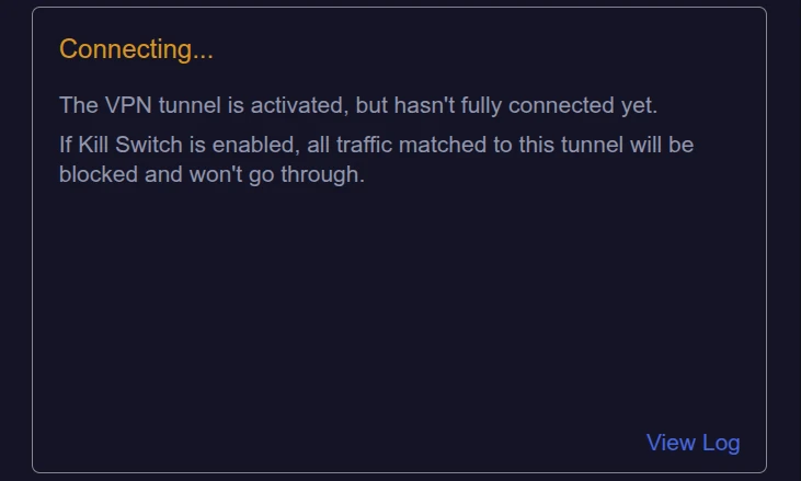 GL.iNet VPN client showing "connecting" status.