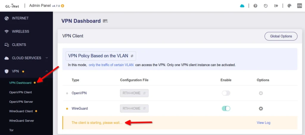 GL.iNet VPN client connecting firmware version 4.7.x
