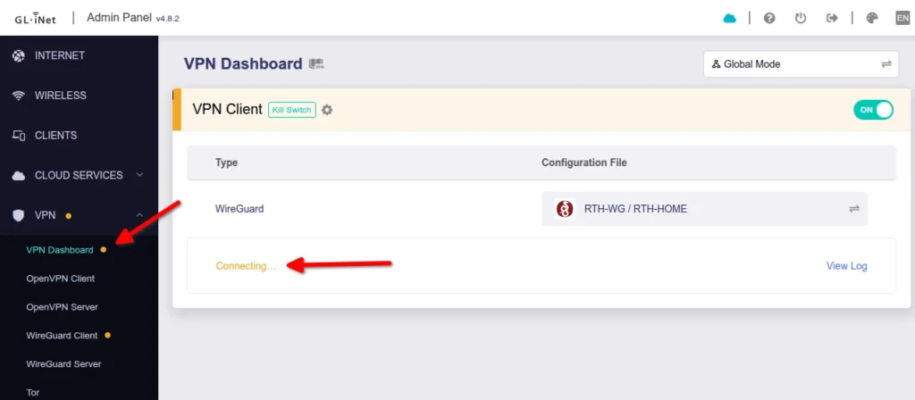GL.iNet VPN client connecting firmware version 4.8.x