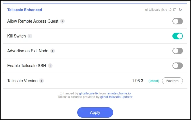 RemoteToHome Consulting gl-tailscale-fix plugin screenshot