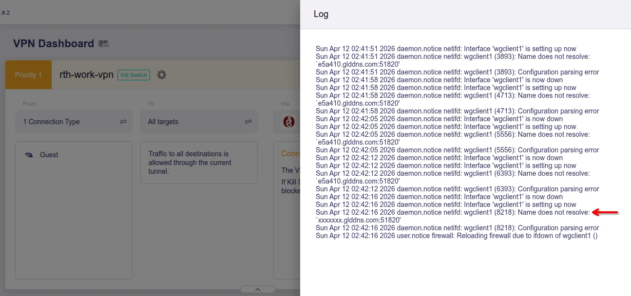 Picture of GL.iNet VPN client GUI with DDNS "Name does not resolve" error.