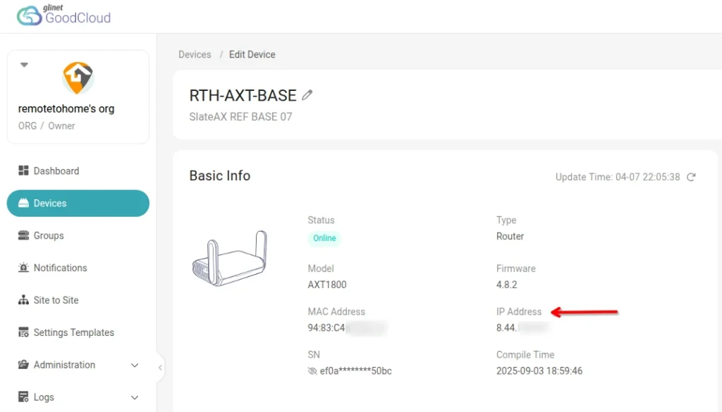 GoodCloud.xyz device page showing IP address.