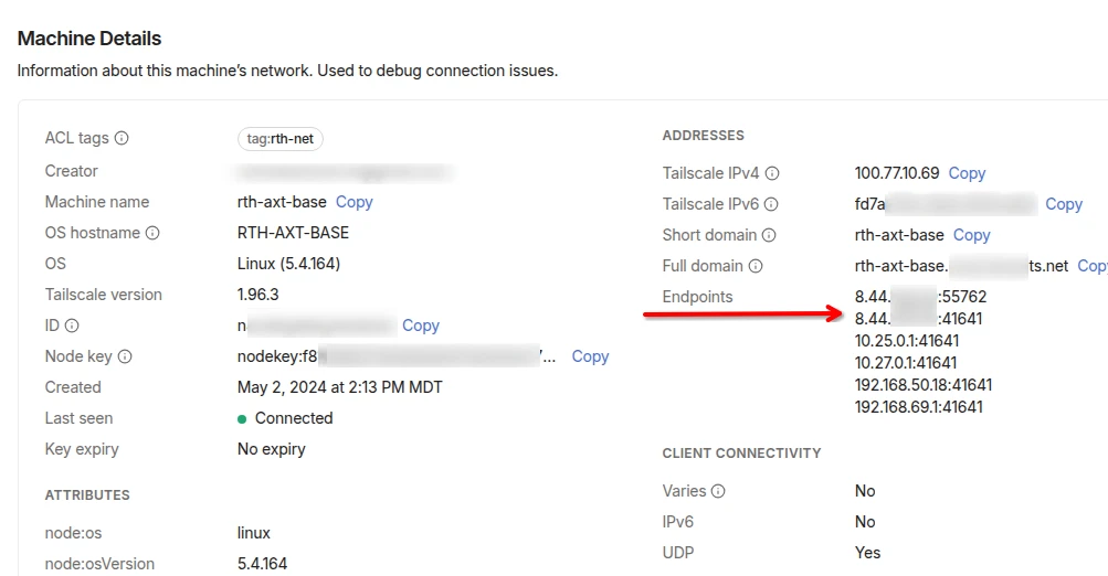 Tailscale Dashboard machine details page showing Endpoint IP address