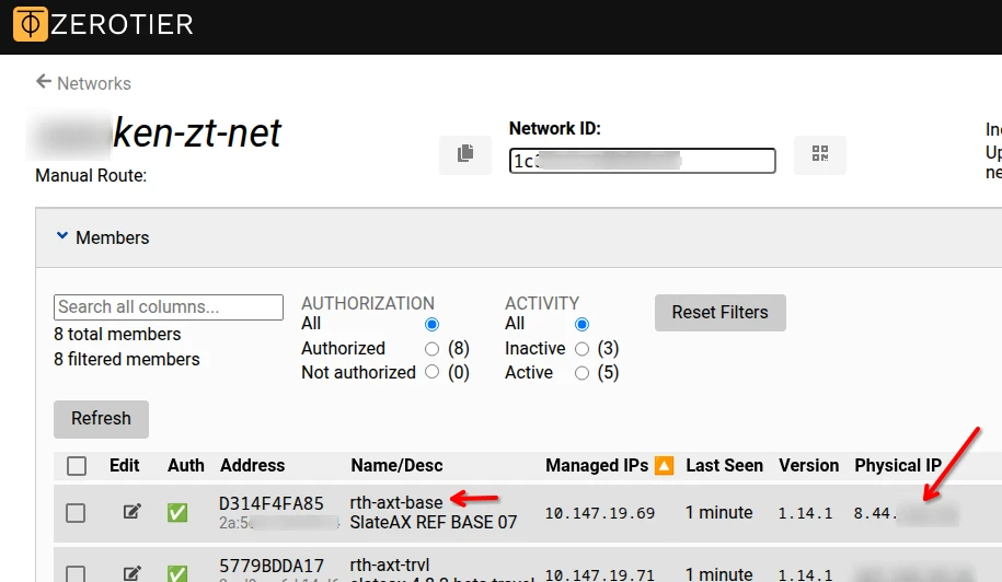ZeroTier's Legacy Central admin panel showing Physical IP address
