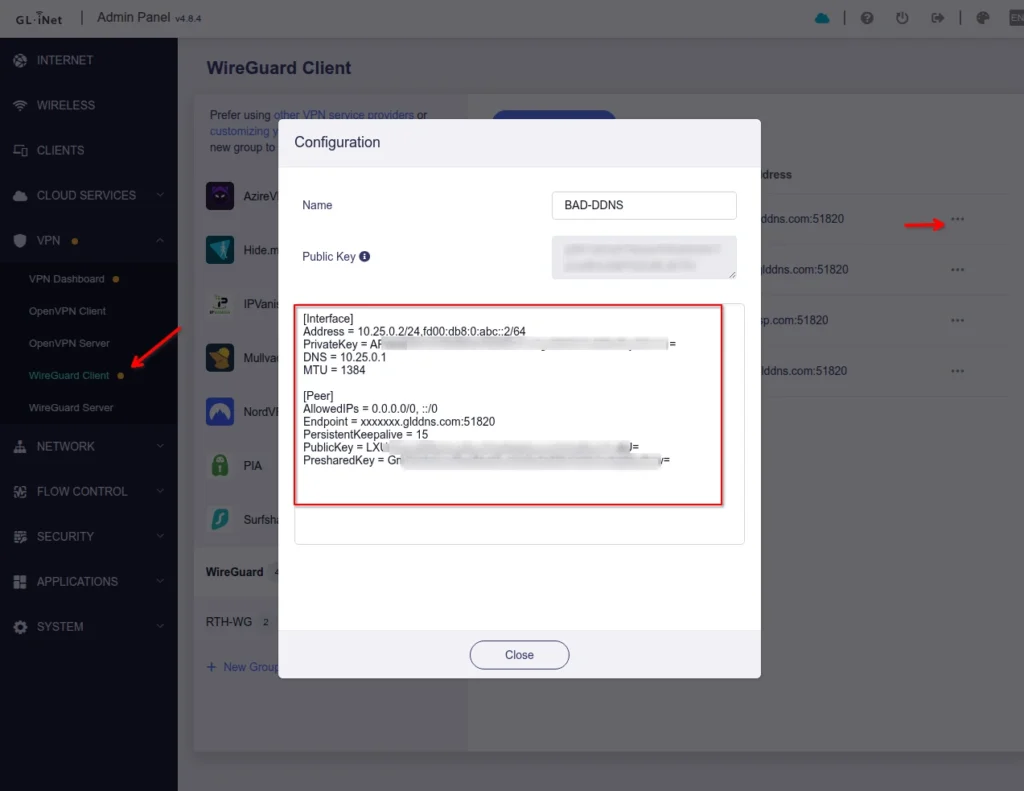 The GL.iNet router GUI's Wireguard Client "view profile" option.