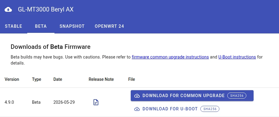 GL.iNet download center listing for GL-MT3000 Beta firmware.