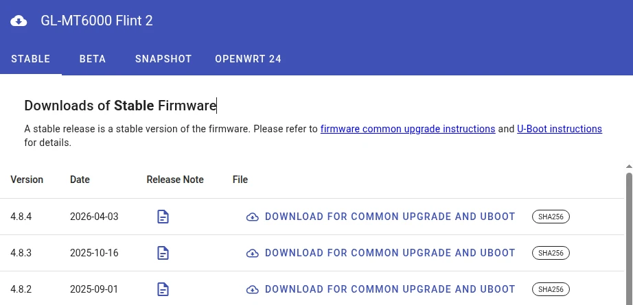 GL.iNet download center listing for GL-MT600 v4.8.4 Stale firmware.