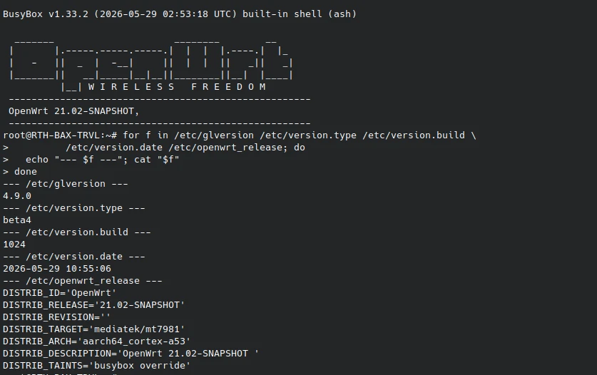 GL.iNet Beryl AX, GL-MT3000 full firmware version output