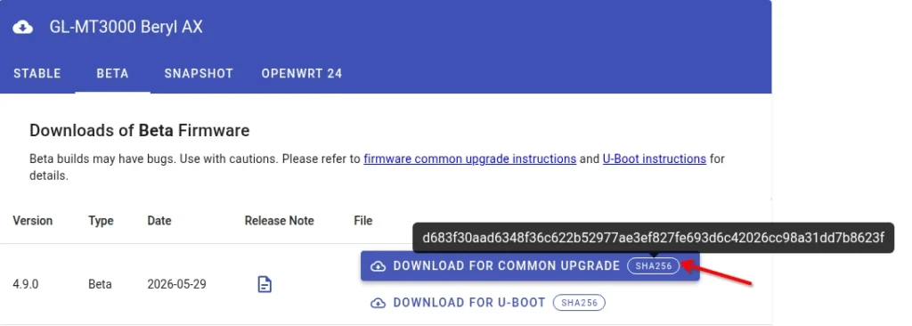 GL.iNet download center listing for GL-MT3000 Beta showing the SHA-256 checksum.