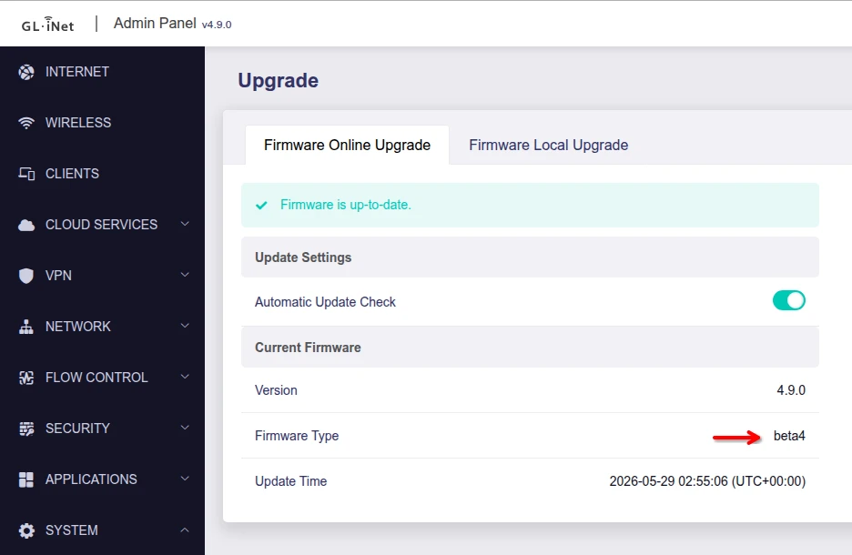 GL.iNet MT3000 firmware upgrade menu