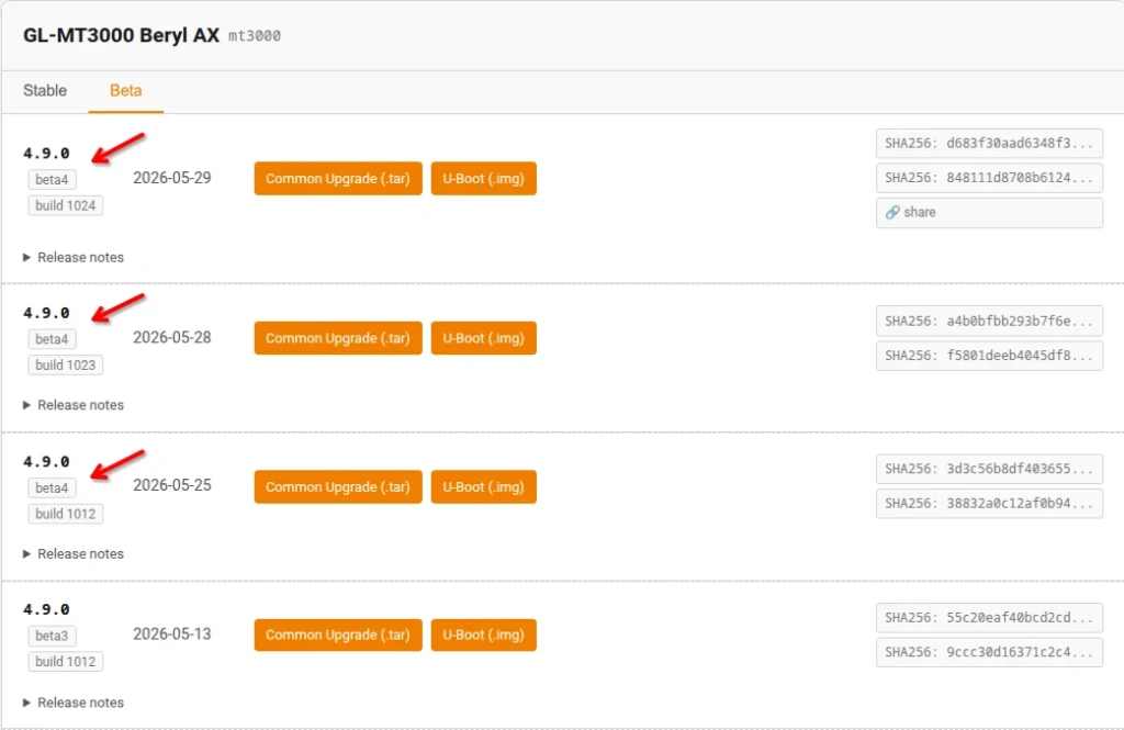 RemoteToHome GL.iNet Community Firmware Mirror listings for GL-MT3000 Beta firmware.